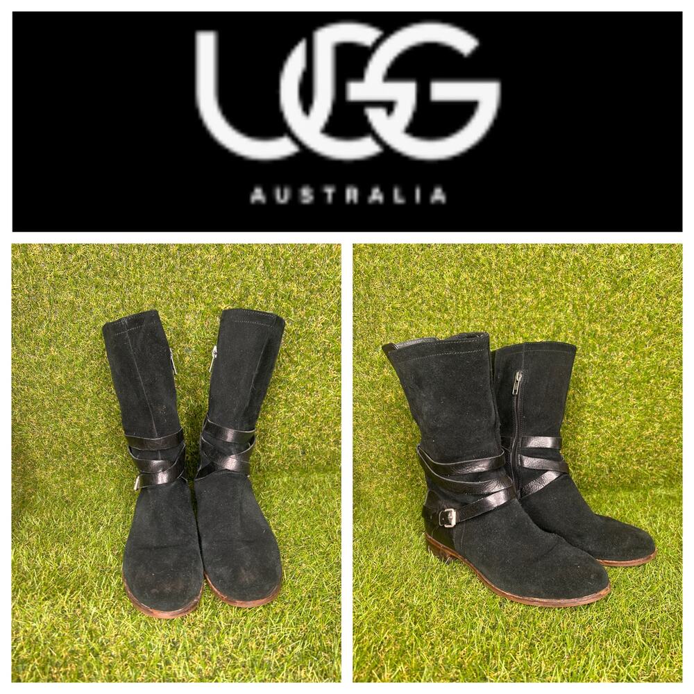 Ugg Deanna Black Suede Biker‎ Mid Calf Boots Stylish Moto Chic Edgy Size 7
